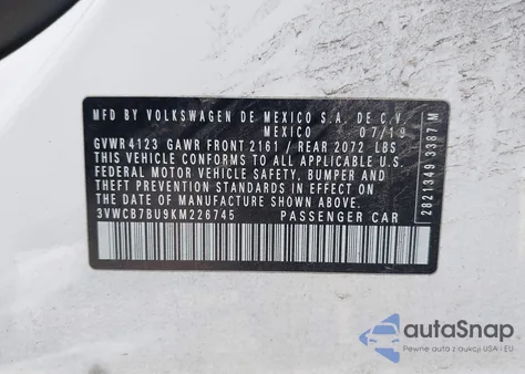 2019 Volkswagen Jetta 1.4T R-Line/1.4T S/1.4T Se z USA, uszkodzony, nr VIN 3VWCB7BU9KM226745